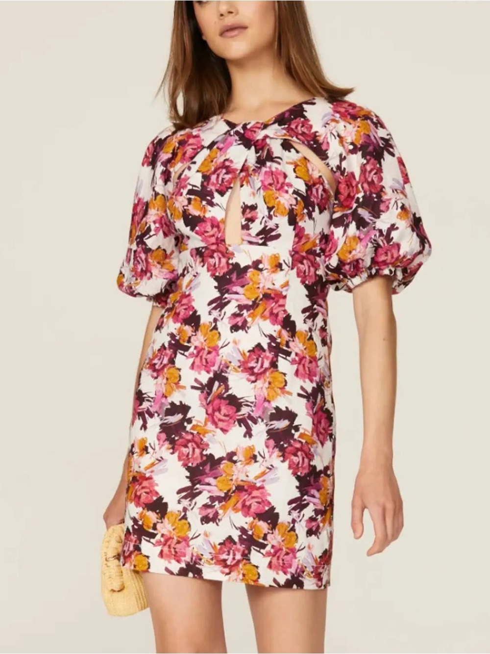 NICHOLAS Dress Womens 6 Floral Linen Cutout Puff Sleeve Mini Pink Orange